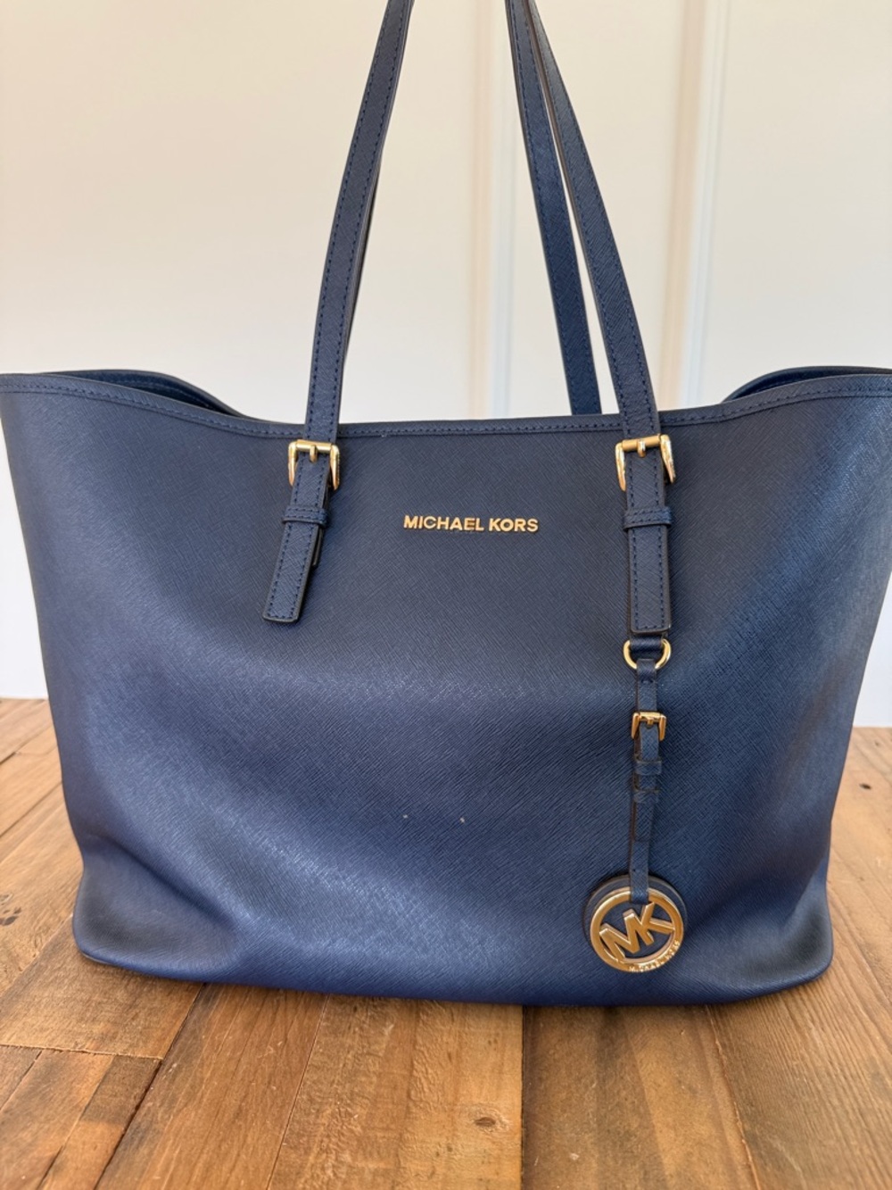 Michael Kors Navy Blue Saffiano Leather Tote with Gold Hardware